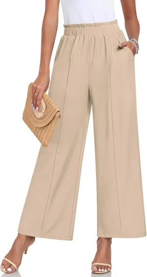 Anyally Womens Loose Wide Leg Pants Business Casual Elastic Waisted Palazzo Harem Pants with Pockets Work Trousers
