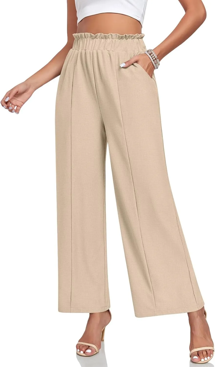 Anyally Womens Loose Wide Leg Pants Business Casual Elastic Waisted Palazzo Harem Pants with Pockets Work Trousers
