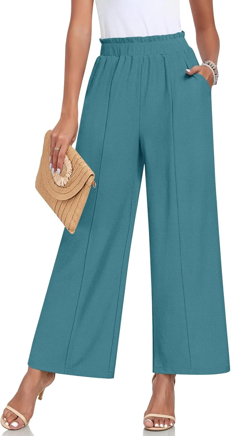 Anyally Womens Loose Wide Leg Pants Business Casual Elastic Waisted Palazzo Harem Pants with Pockets Work Trousers