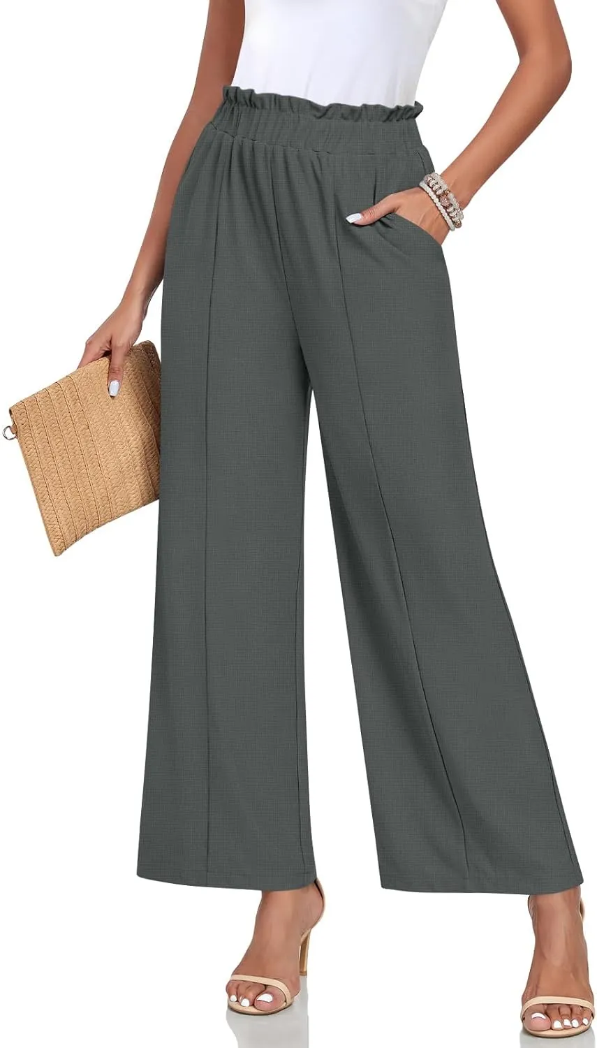Anyally Womens Loose Wide Leg Pants Business Casual Elastic Waisted Palazzo Harem Pants with Pockets Work Trousers