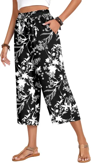 Anyhold Womens Capri Pants Loose High Waisted Wide Leg Lounge Pants Drawstring Casual Palazzo Trousers with Pockets