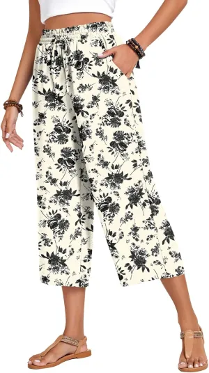 Anyhold Womens Capri Pants Loose High Waisted Wide Leg Lounge Pants Drawstring Casual Palazzo Trousers with Pockets