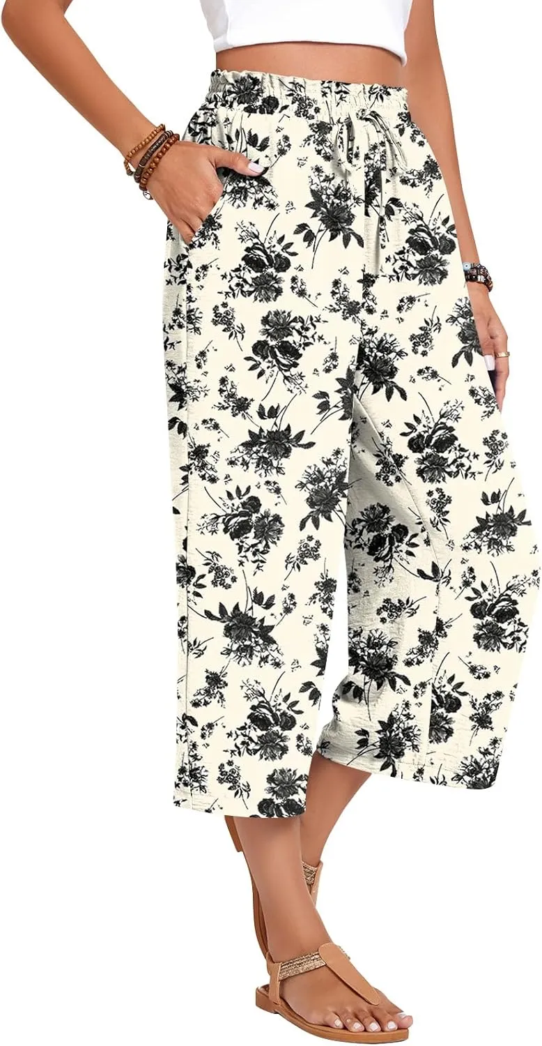 Anyhold Womens Capri Pants Loose High Waisted Wide Leg Lounge Pants Drawstring Casual Palazzo Trousers with Pockets