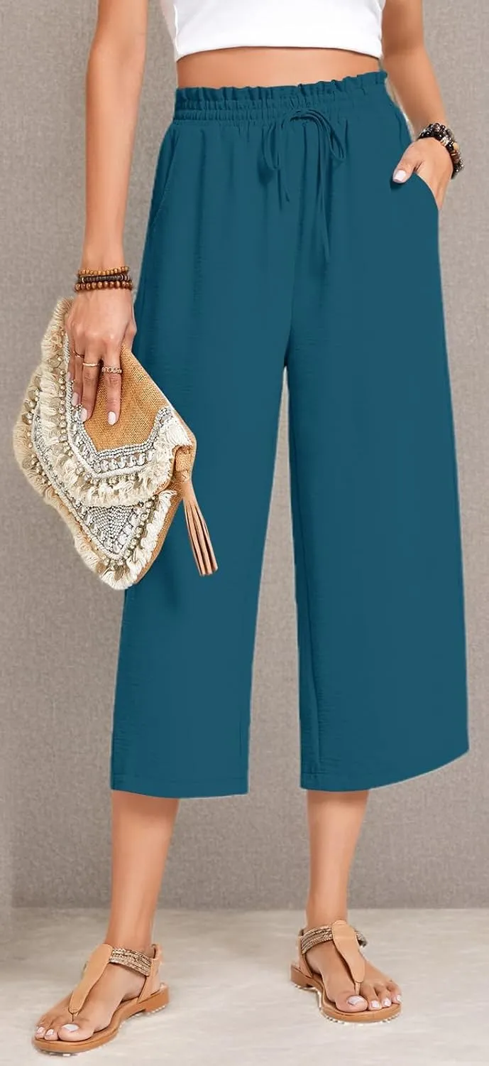 Anyhold Womens Capri Pants Loose High Waisted Wide Leg Lounge Pants Drawstring Casual Palazzo Trousers with Pockets