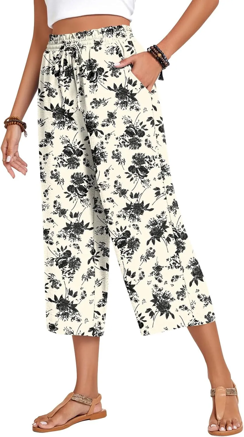 Anyhold Womens Capri Pants Loose High Waisted Wide Leg Lounge Pants Drawstring Casual Palazzo Trousers with Pockets