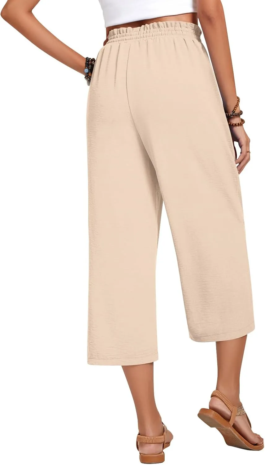 Anyhold Womens Capri Pants Loose High Waisted Wide Leg Lounge Pants Drawstring Casual Palazzo Trousers with Pockets