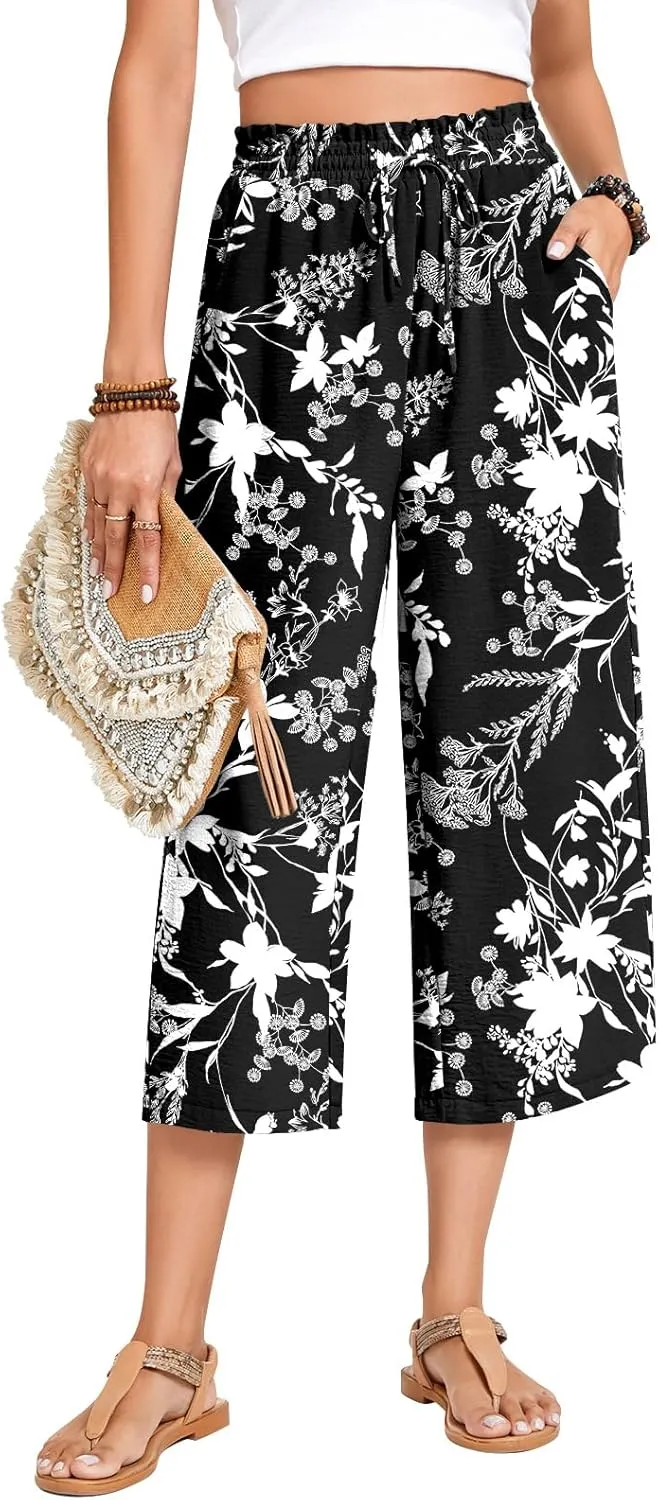 Anyhold Womens Capri Pants Loose High Waisted Wide Leg Lounge Pants Drawstring Casual Palazzo Trousers with Pockets