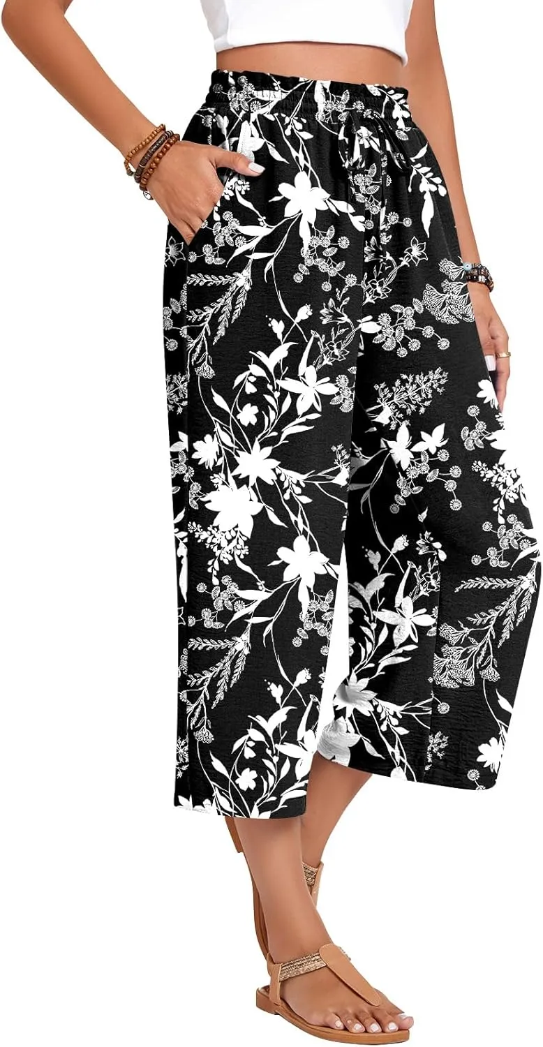 Anyhold Womens Capri Pants Loose High Waisted Wide Leg Lounge Pants Drawstring Casual Palazzo Trousers with Pockets