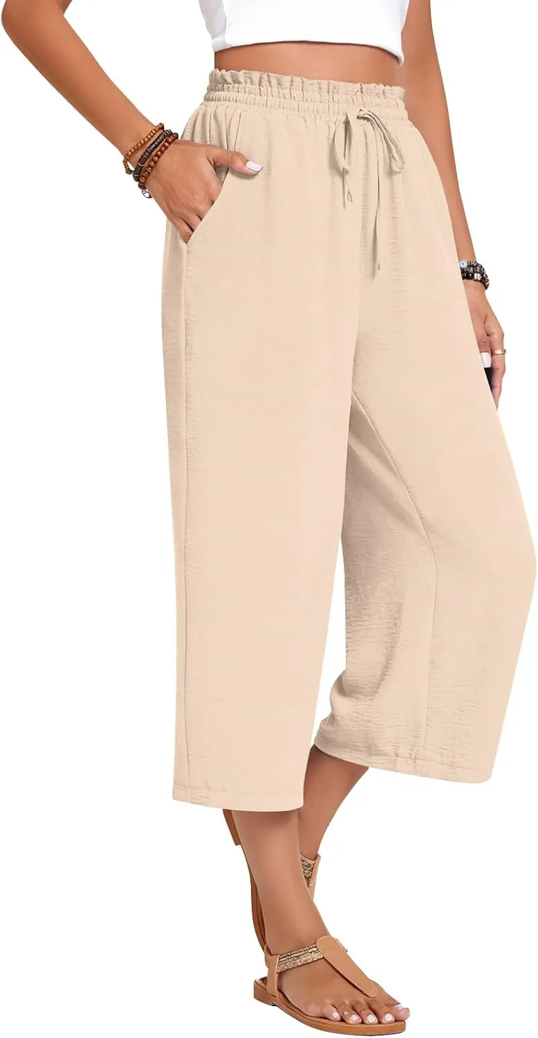 Anyhold Womens Capri Pants Loose High Waisted Wide Leg Lounge Pants Drawstring Casual Palazzo Trousers with Pockets