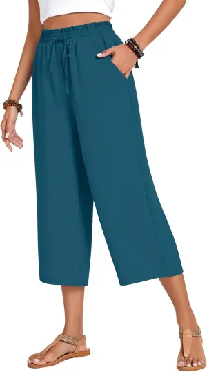 Anyhold Womens Capri Pants Loose High Waisted Wide Leg Lounge Pants Drawstring Casual Palazzo Trousers with Pockets