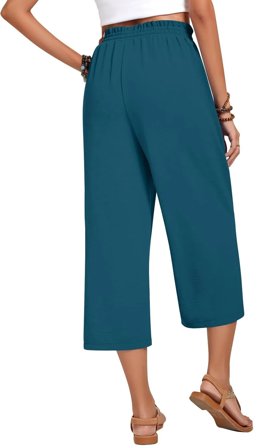 Anyhold Womens Capri Pants Loose High Waisted Wide Leg Lounge Pants Drawstring Casual Palazzo Trousers with Pockets