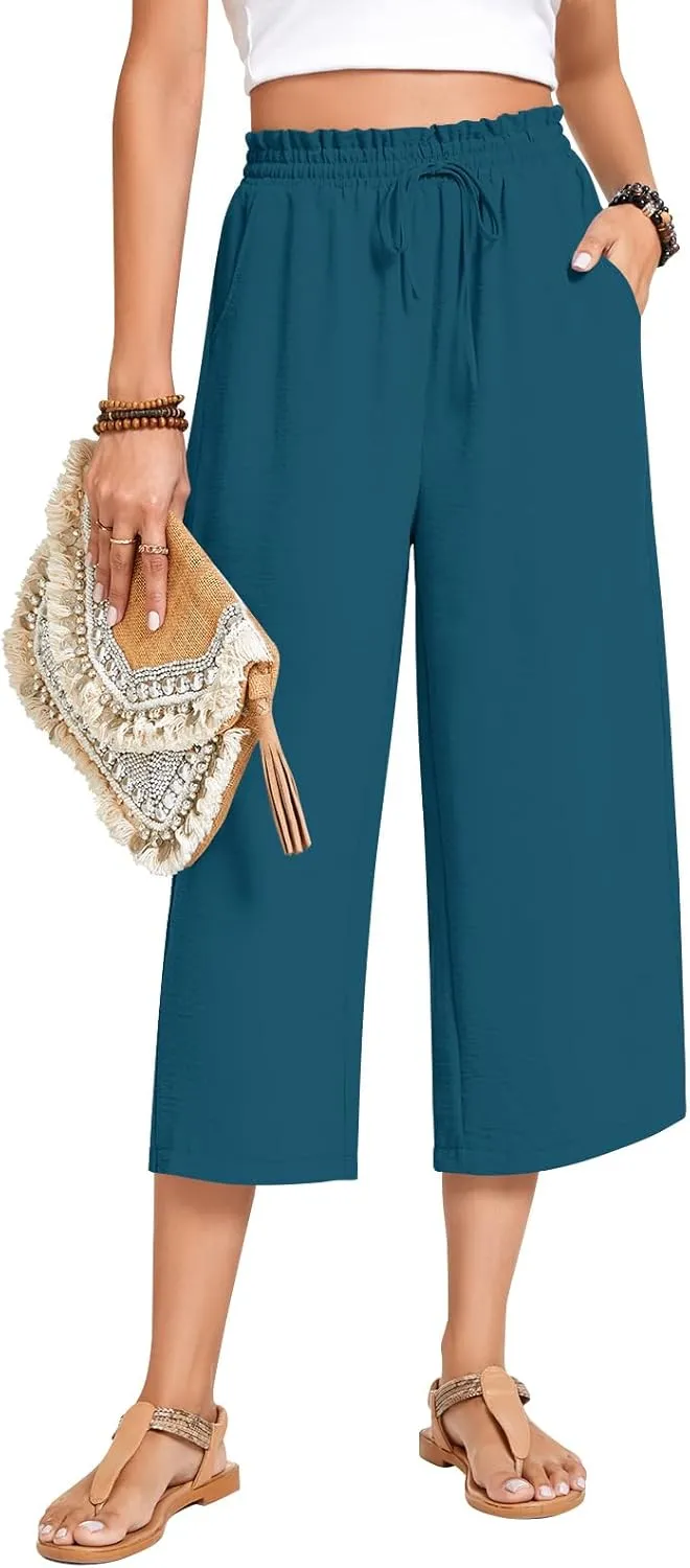 Anyhold Womens Capri Pants Loose High Waisted Wide Leg Lounge Pants Drawstring Casual Palazzo Trousers with Pockets