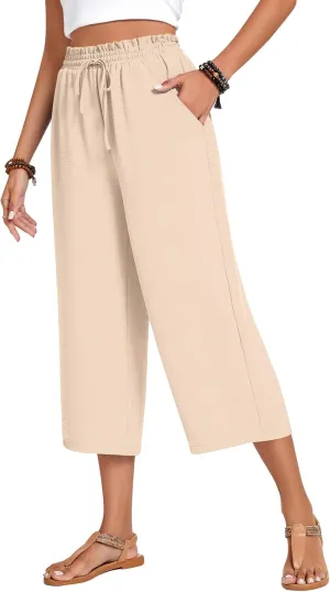 Anyhold Womens Capri Pants Loose High Waisted Wide Leg Lounge Pants Drawstring Casual Palazzo Trousers with Pockets