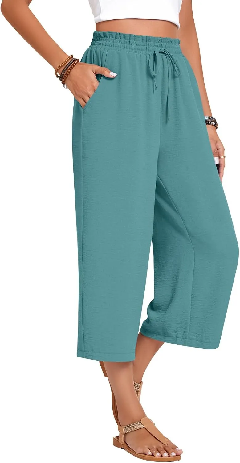 Anyhold Womens Capri Pants Loose High Waisted Wide Leg Lounge Pants Drawstring Casual Palazzo Trousers with Pockets