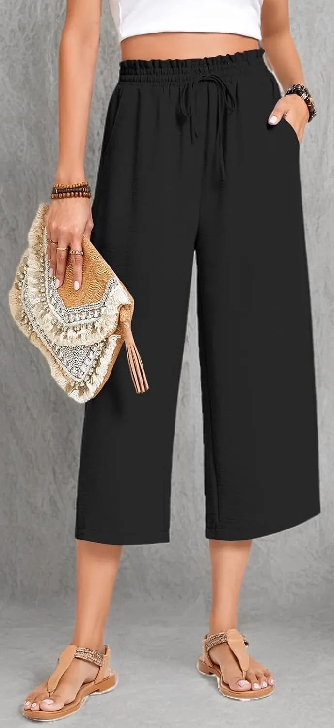 Anyhold Womens Capri Pants Loose High Waisted Wide Leg Lounge Pants Drawstring Casual Palazzo Trousers with Pockets
