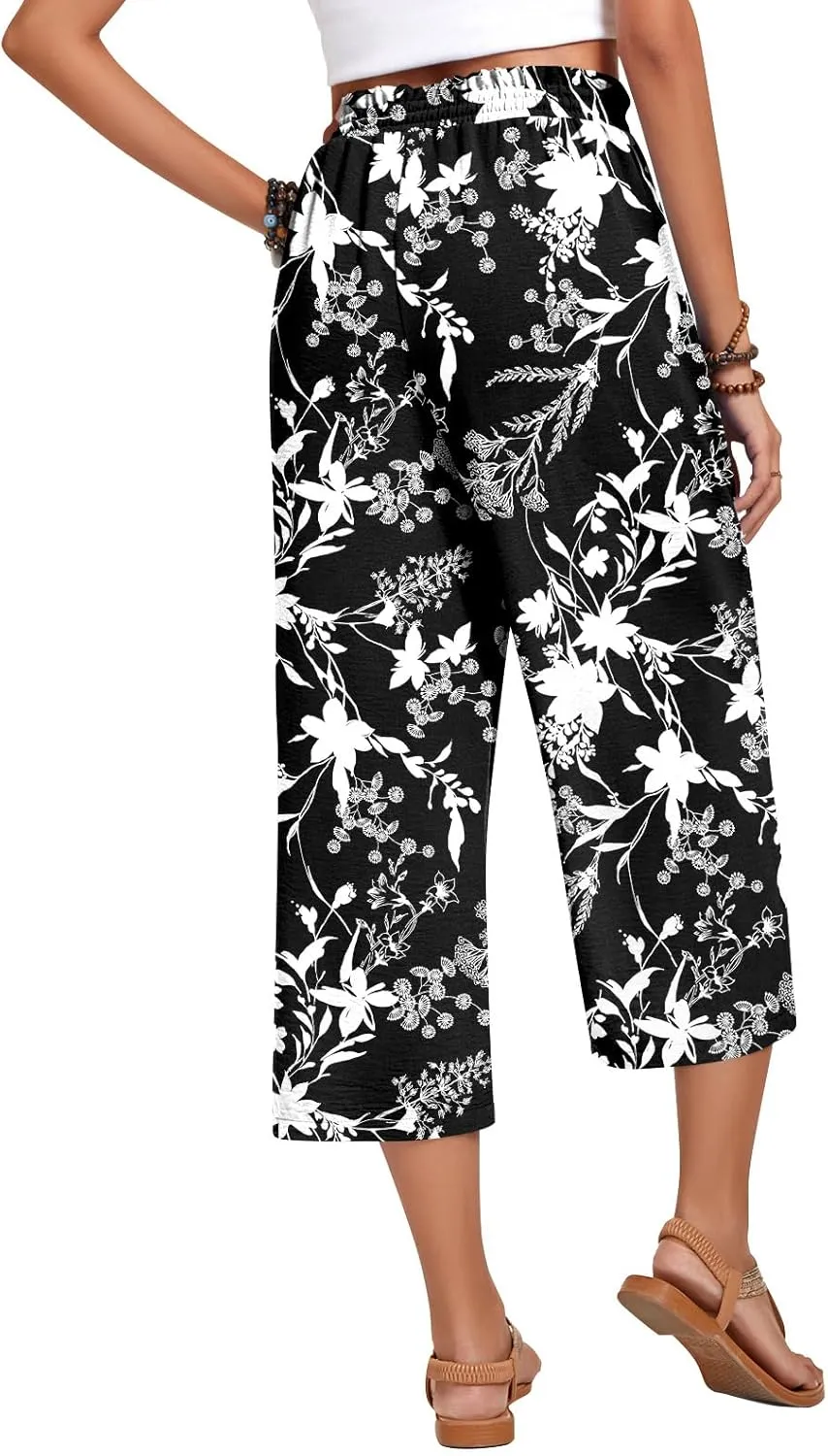 Anyhold Womens Capri Pants Loose High Waisted Wide Leg Lounge Pants Drawstring Casual Palazzo Trousers with Pockets