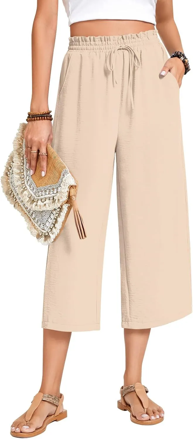 Anyhold Womens Capri Pants Loose High Waisted Wide Leg Lounge Pants Drawstring Casual Palazzo Trousers with Pockets