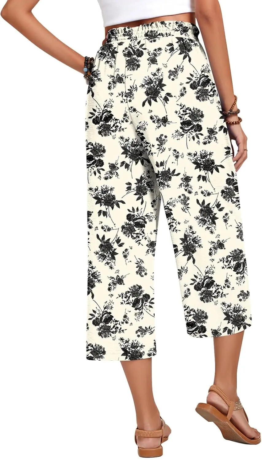 Anyhold Womens Capri Pants Loose High Waisted Wide Leg Lounge Pants Drawstring Casual Palazzo Trousers with Pockets
