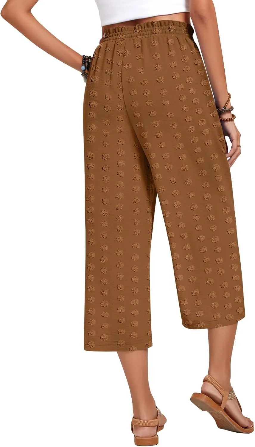 Anyhold Womens Capri Pants Loose High Waisted Wide Leg Lounge Pants Drawstring Casual Swiss Dot Palazzo Trousers with Pockets