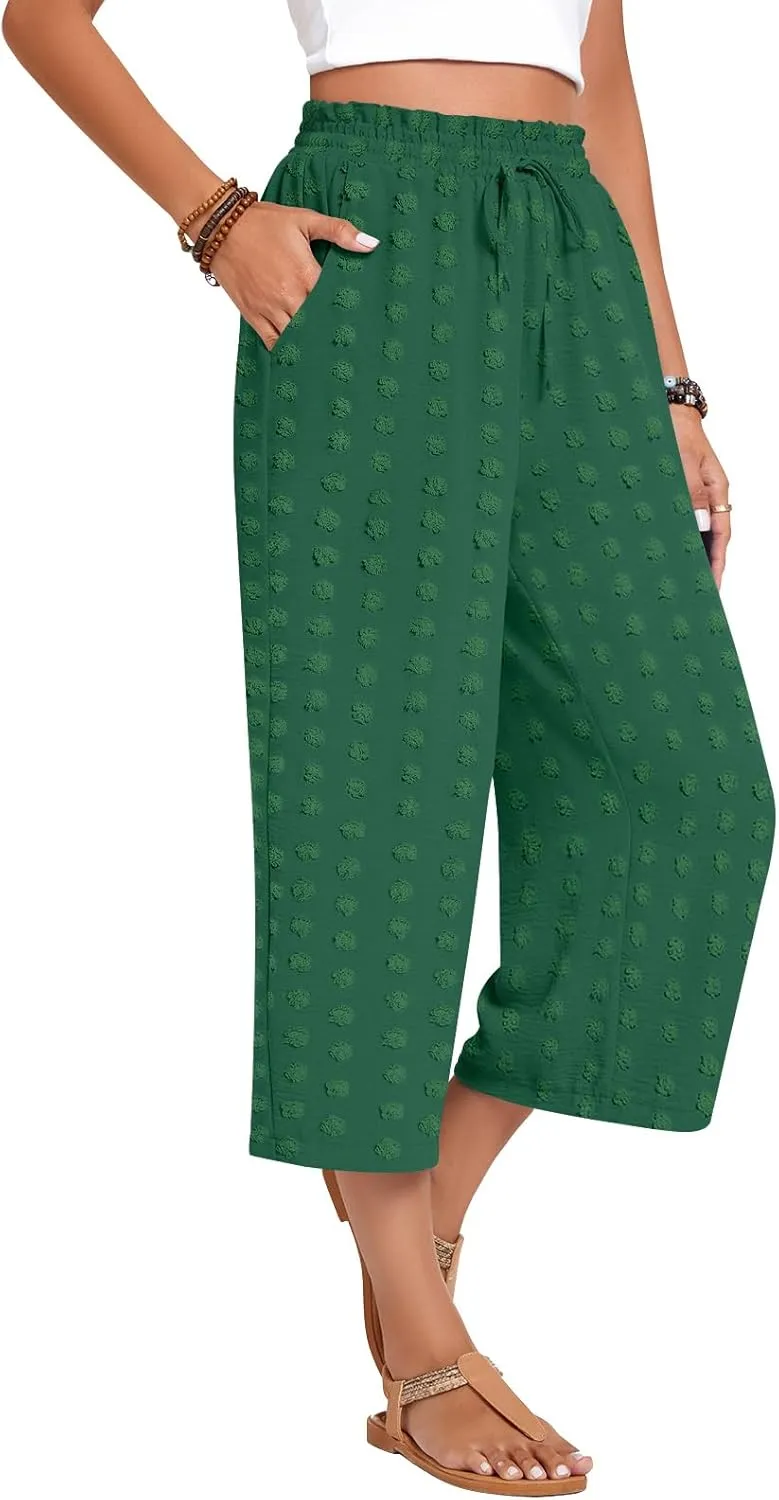 Anyhold Womens Capri Pants Loose High Waisted Wide Leg Lounge Pants Drawstring Casual Swiss Dot Palazzo Trousers with Pockets