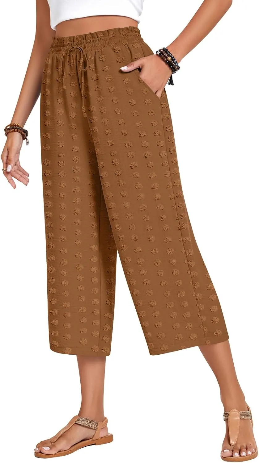 Anyhold Womens Capri Pants Loose High Waisted Wide Leg Lounge Pants Drawstring Casual Swiss Dot Palazzo Trousers with Pockets