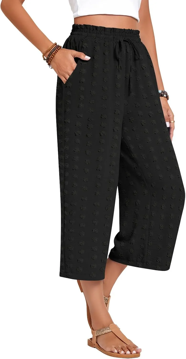 Anyhold Womens Capri Pants Loose High Waisted Wide Leg Lounge Pants Drawstring Casual Swiss Dot Palazzo Trousers with Pockets