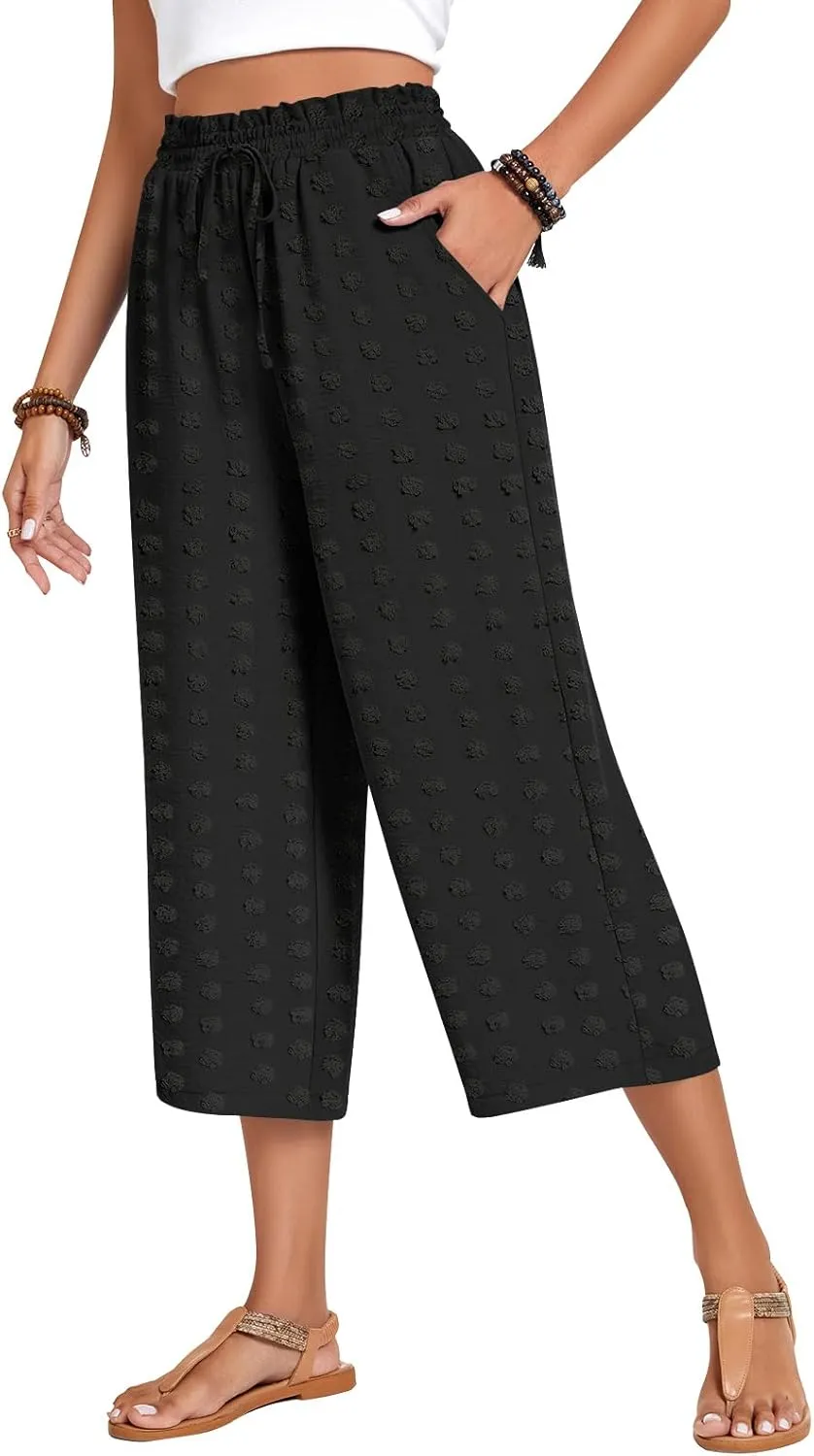 Anyhold Womens Capri Pants Loose High Waisted Wide Leg Lounge Pants Drawstring Casual Swiss Dot Palazzo Trousers with Pockets