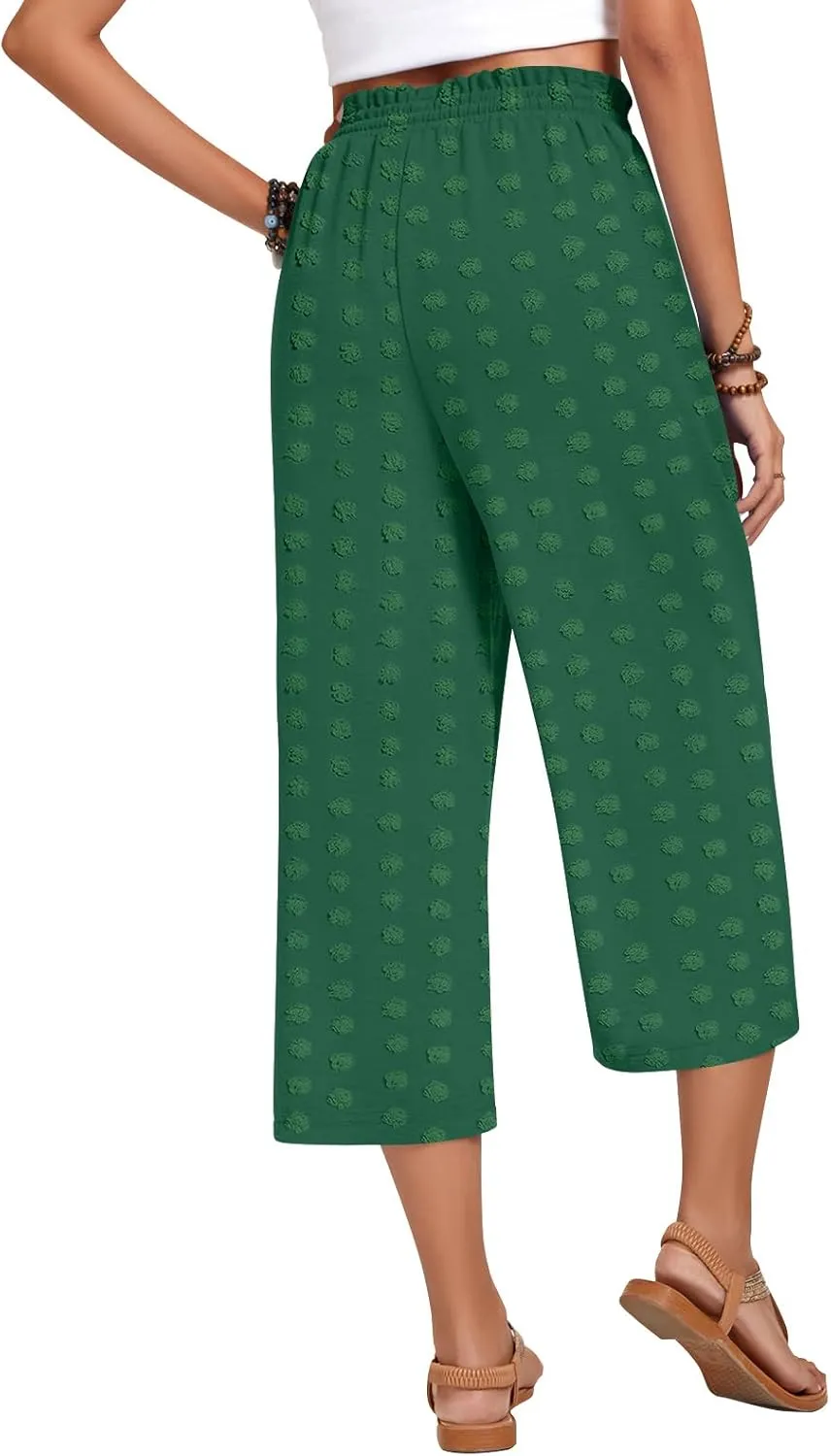 Anyhold Womens Capri Pants Loose High Waisted Wide Leg Lounge Pants Drawstring Casual Swiss Dot Palazzo Trousers with Pockets