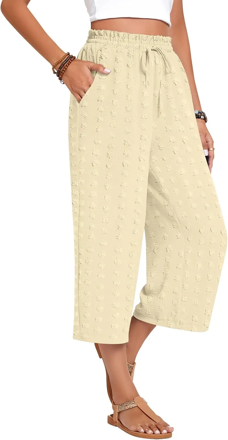 Anyhold Womens Capri Pants Loose High Waisted Wide Leg Lounge Pants Drawstring Casual Swiss Dot Palazzo Trousers with Pockets