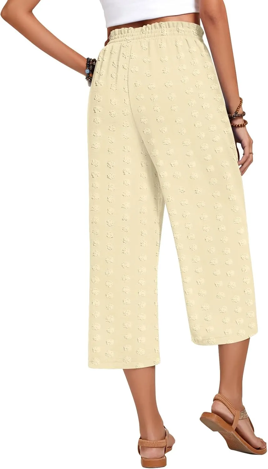 Anyhold Womens Capri Pants Loose High Waisted Wide Leg Lounge Pants Drawstring Casual Swiss Dot Palazzo Trousers with Pockets