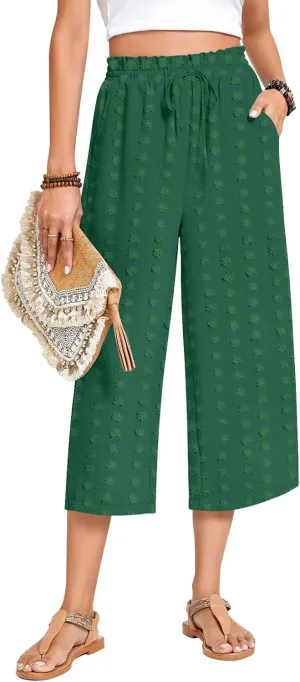 Anyhold Womens Capri Pants Loose High Waisted Wide Leg Lounge Pants Drawstring Casual Swiss Dot Palazzo Trousers with Pockets