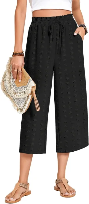 Anyhold Womens Capri Pants Loose High Waisted Wide Leg Lounge Pants Drawstring Casual Swiss Dot Palazzo Trousers with Pockets