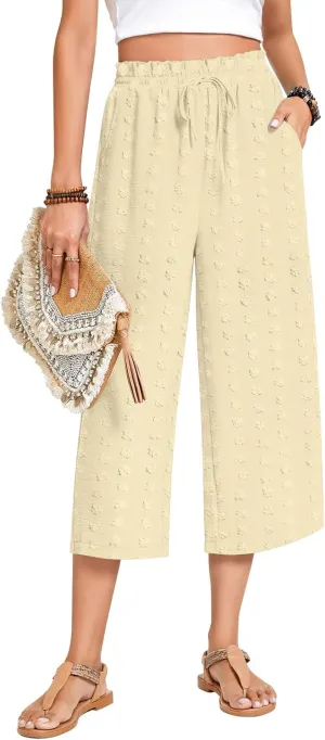 Anyhold Womens Capri Pants Loose High Waisted Wide Leg Lounge Pants Drawstring Casual Swiss Dot Palazzo Trousers with Pockets