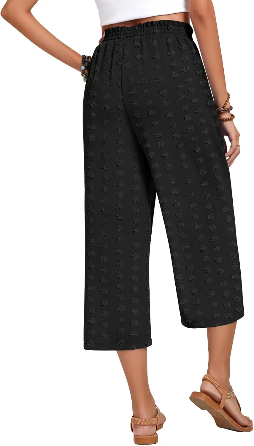 Anyhold Womens Capri Pants Loose High Waisted Wide Leg Lounge Pants Drawstring Casual Swiss Dot Palazzo Trousers with Pockets