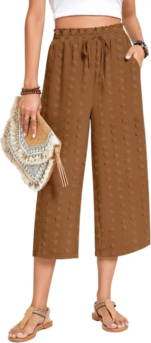 Anyhold Womens Capri Pants Loose High Waisted Wide Leg Lounge Pants Drawstring Casual Swiss Dot Palazzo Trousers with Pockets