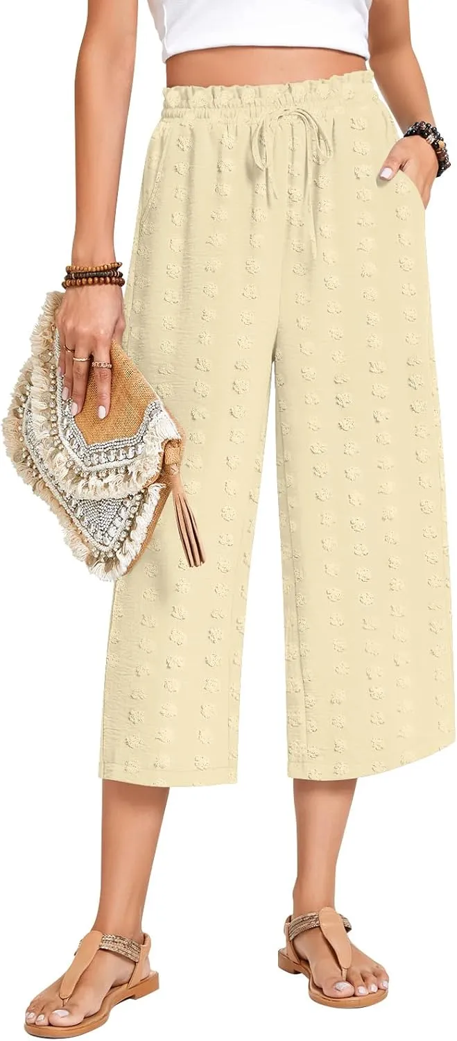 Anyhold Womens Capri Pants Loose High Waisted Wide Leg Lounge Pants Drawstring Casual Swiss Dot Palazzo Trousers with Pockets