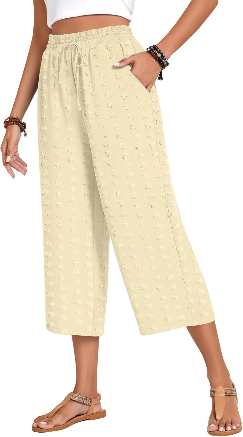 Anyhold Womens Capri Pants Loose High Waisted Wide Leg Lounge Pants Drawstring Casual Swiss Dot Palazzo Trousers with Pockets