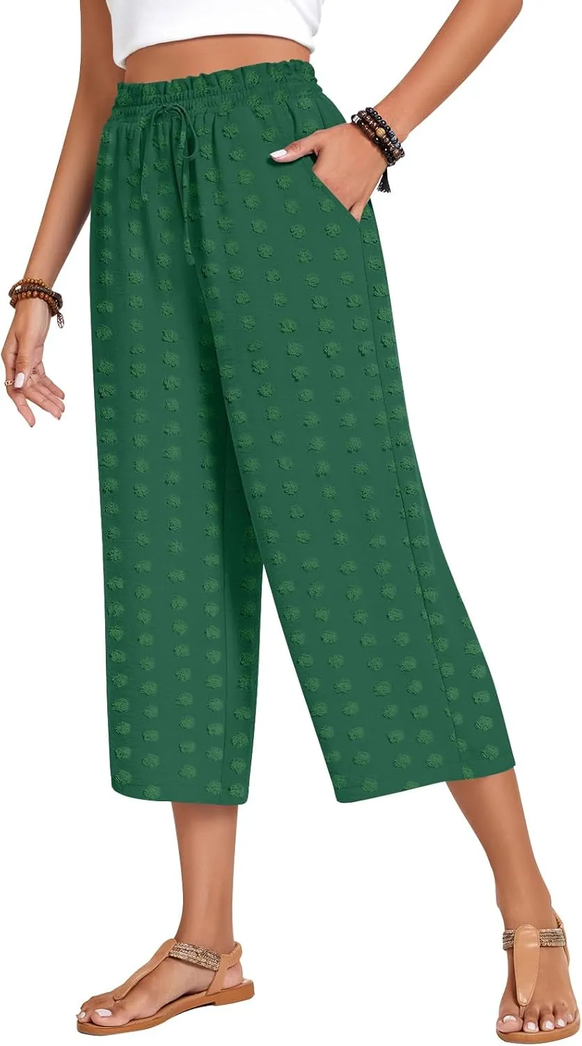 Anyhold Womens Capri Pants Loose High Waisted Wide Leg Lounge Pants Drawstring Casual Swiss Dot Palazzo Trousers with Pockets