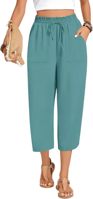 Anyhold Womens High Waist Wide Leg Capri Pants Adjustable Drawstring Loose Fit Summer Beach Pants Pockets