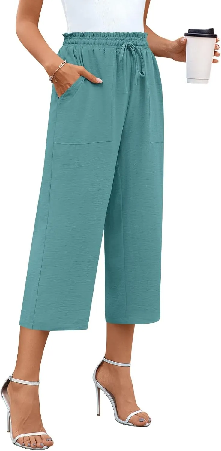 Anyhold Womens High Waist Wide Leg Capri Pants Adjustable Drawstring Loose Fit Summer Beach Pants Pockets