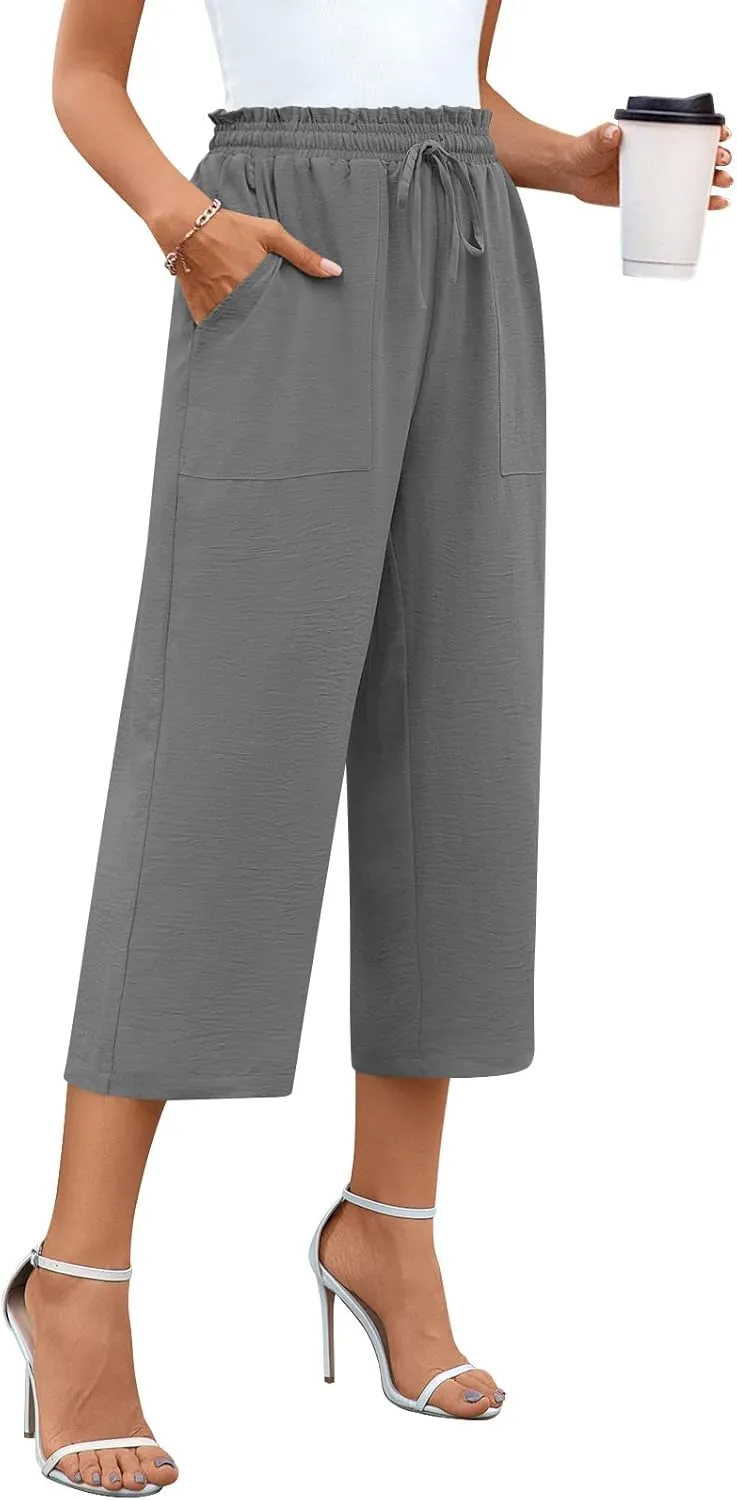 Anyhold Womens High Waist Wide Leg Capri Pants Adjustable Drawstring Loose Fit Summer Beach Pants Pockets