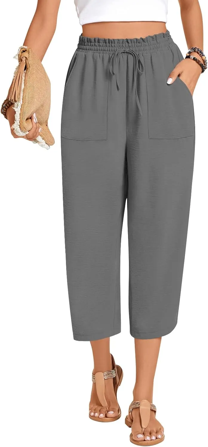 Anyhold Womens High Waist Wide Leg Capri Pants Adjustable Drawstring Loose Fit Summer Beach Pants Pockets