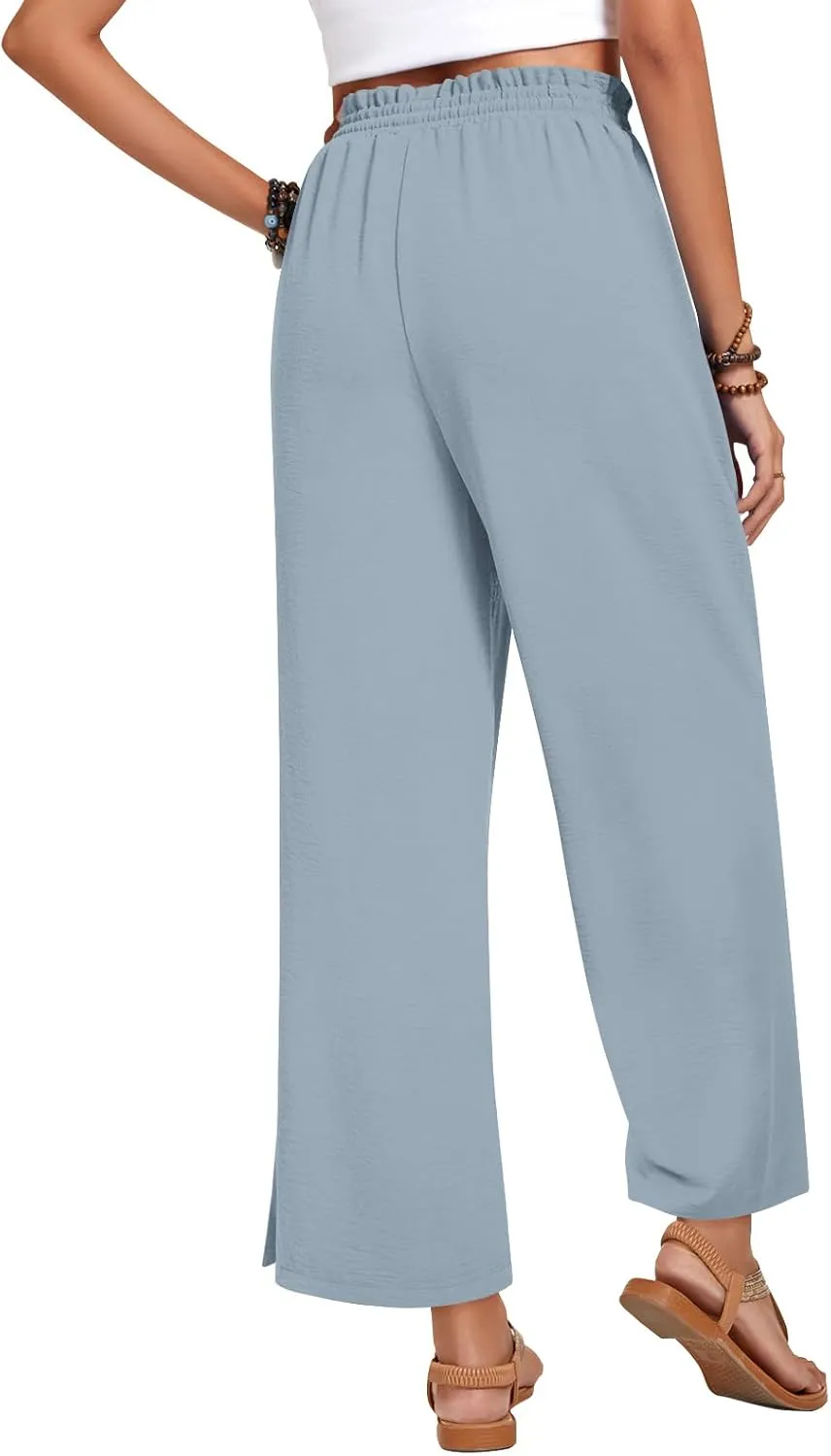 Anyhold Womens Wide Leg Lounge Pants Loose High Waisted Side Slit Pants Drawstring Casual Palazzo Pants with Pockets