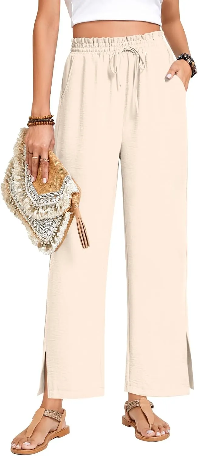 Anyhold Womens Wide Leg Lounge Pants Loose High Waisted Side Slit Pants Drawstring Casual Palazzo Pants with Pockets