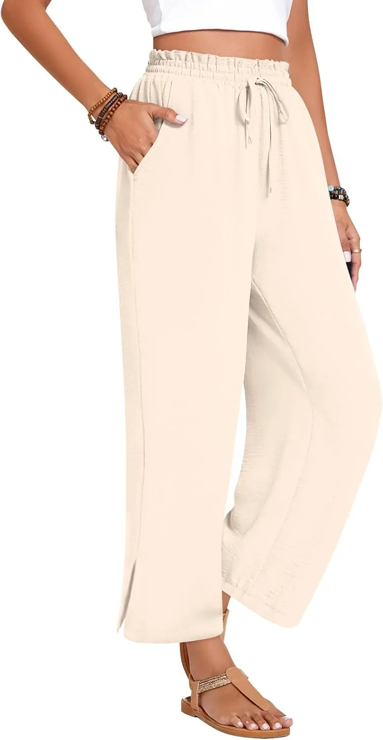 Anyhold Womens Wide Leg Lounge Pants Loose High Waisted Side Slit Pants Drawstring Casual Palazzo Pants with Pockets