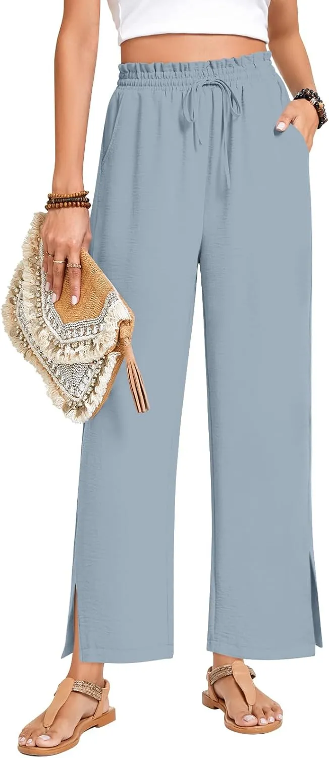 Anyhold Womens Wide Leg Lounge Pants Loose High Waisted Side Slit Pants Drawstring Casual Palazzo Pants with Pockets