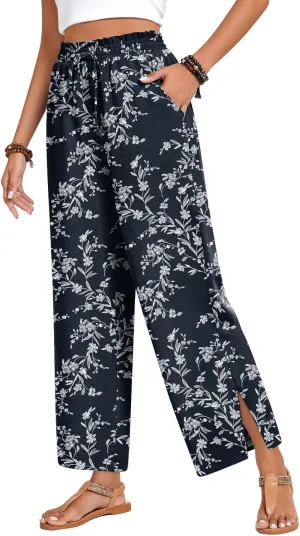 Anyhold Womens Wide Leg Lounge Pants Loose High Waisted Side Slit Pants Drawstring Casual Palazzo Pants with Pockets