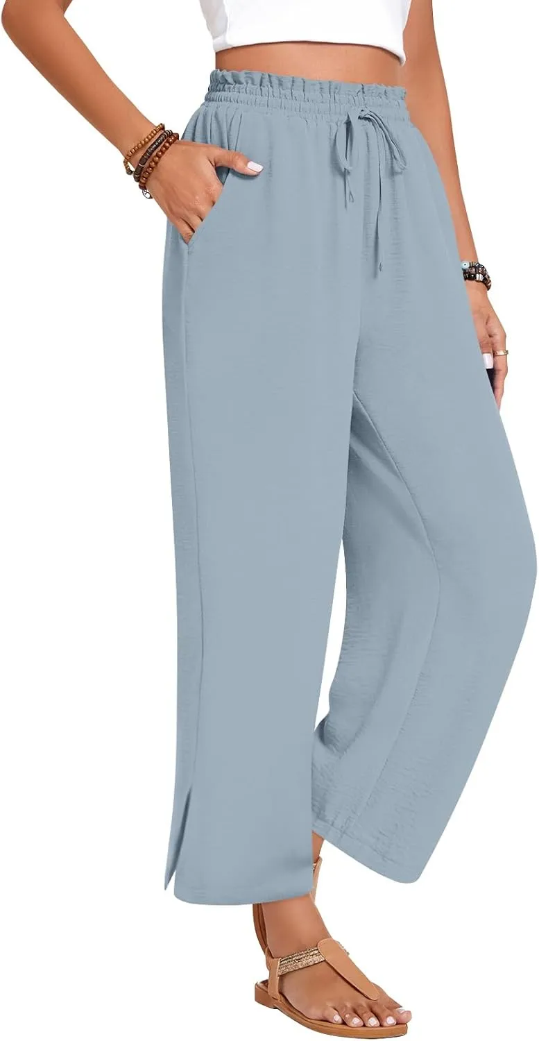 Anyhold Womens Wide Leg Lounge Pants Loose High Waisted Side Slit Pants Drawstring Casual Palazzo Pants with Pockets