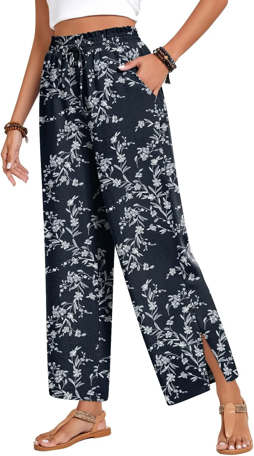Anyhold Womens Wide Leg Lounge Pants Loose High Waisted Side Slit Pants Drawstring Casual Palazzo Pants with Pockets