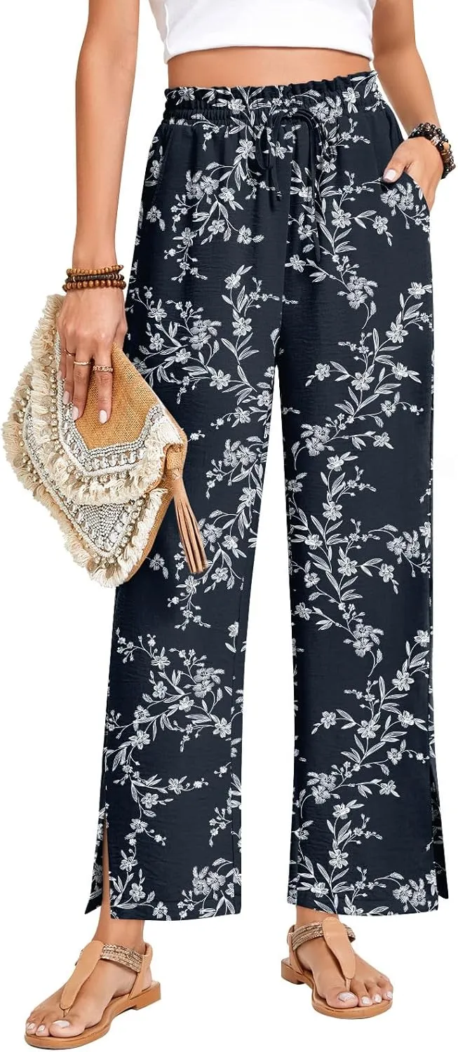 Anyhold Womens Wide Leg Lounge Pants Loose High Waisted Side Slit Pants Drawstring Casual Palazzo Pants with Pockets